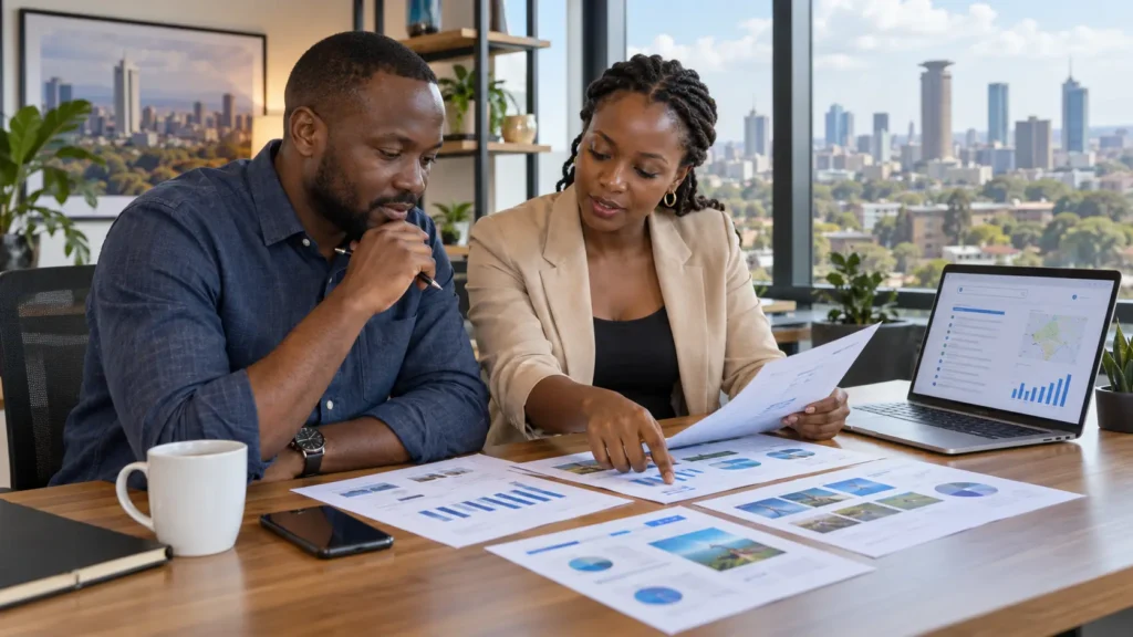 Kenyan business owners comparing AI search visibility reports in a Nairobi office