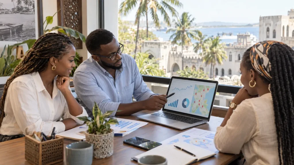 Mombasa marketing team reviewing organic traffic and map rankings on a laptop