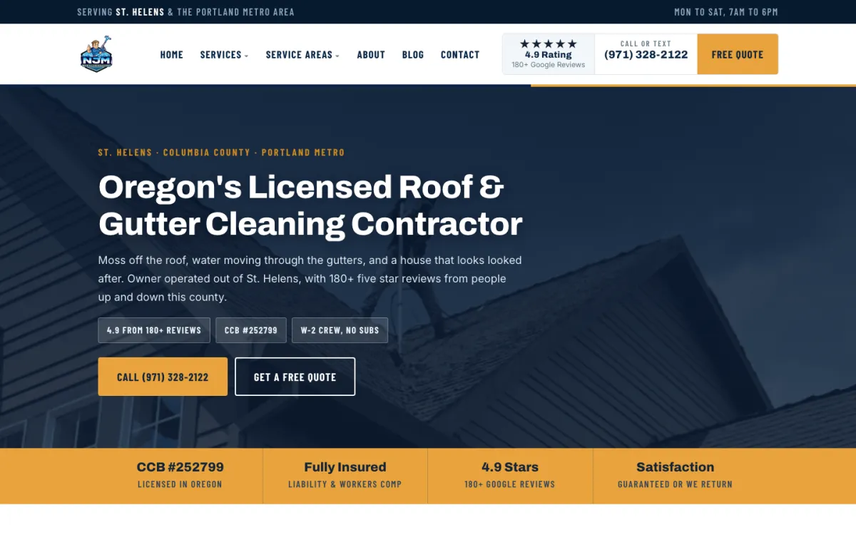 NJM Roof & Gutter Cleaning website homepage